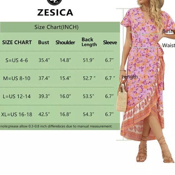 ZESICA WOMEN'S PINK ORANGE FLORAL PRINT WRAP DRESS BOHO BEACH FLOWY - Picture 5 of 6